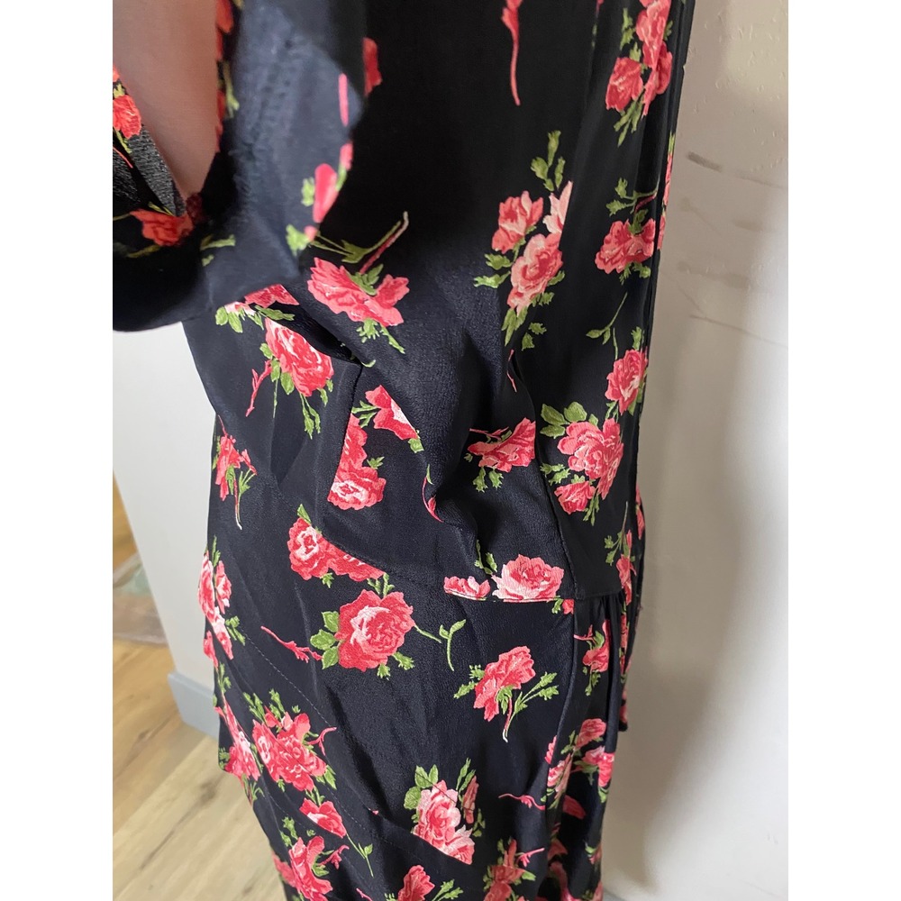 Vintage 80s 90s Floral Rose Mock Neck Midi Dress Black Red Tiered Hip Detail - Picture 9 of 12